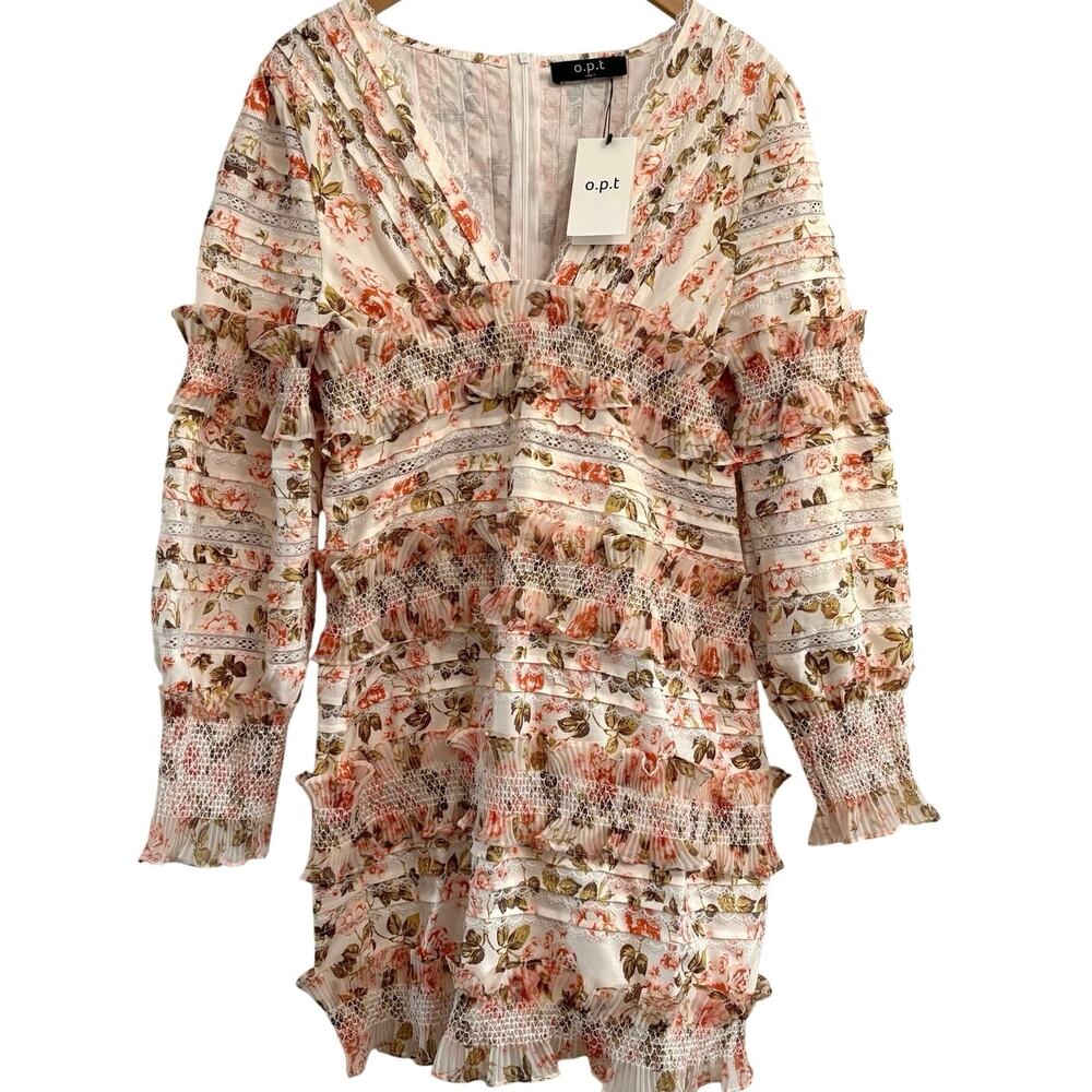 O.P.T. Flora Floral Print Ruffled Long Sleeve Bodycon Mini Dress Sz XL Coquette - Picture 2 of 10